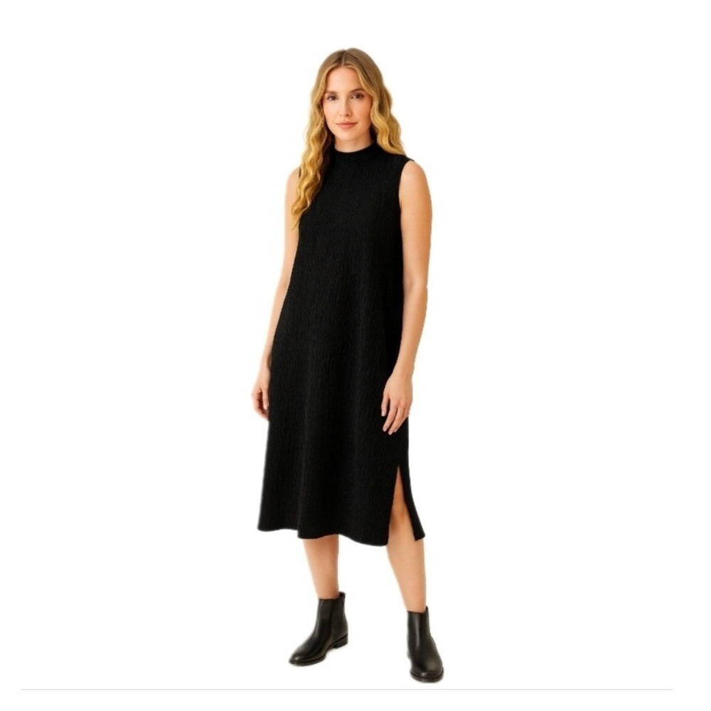 Eileen Fisher Plisse Mock Neck Midi Dress Sleeveless Black Size Small‎